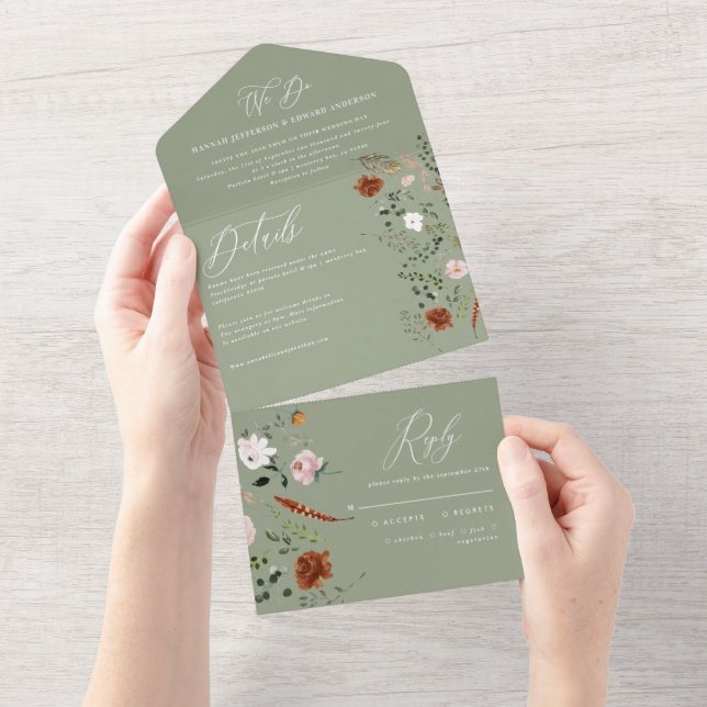 Hirschgrün rustikal elegant all in one einladung (Abreißen)