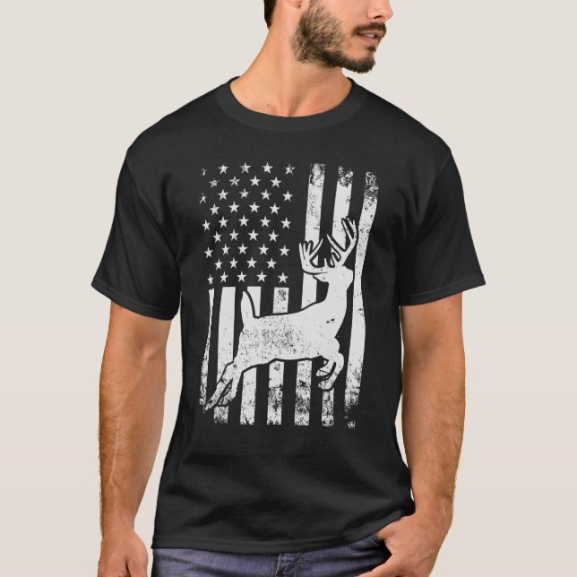 Hirschjagd Whitetail Hunter Amerikanische Flagge D T-Shirt (Vorderseite)