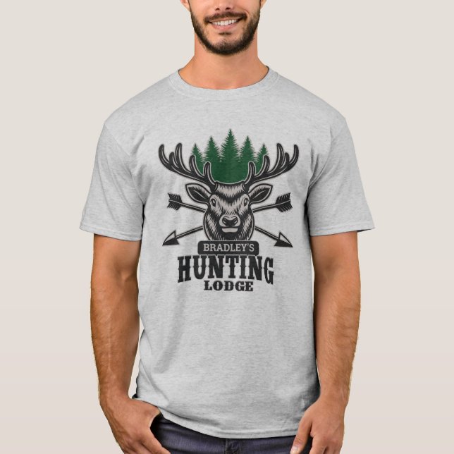 Hirschjäger ADD NAME Bow Hunting Lodge Hütte T-Shirt (Vorderseite)