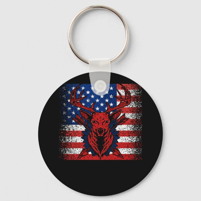 Hirschjäger Hirschschädel auf amerikanischer Flagg Schlüsselanhänger (Vorderseite)