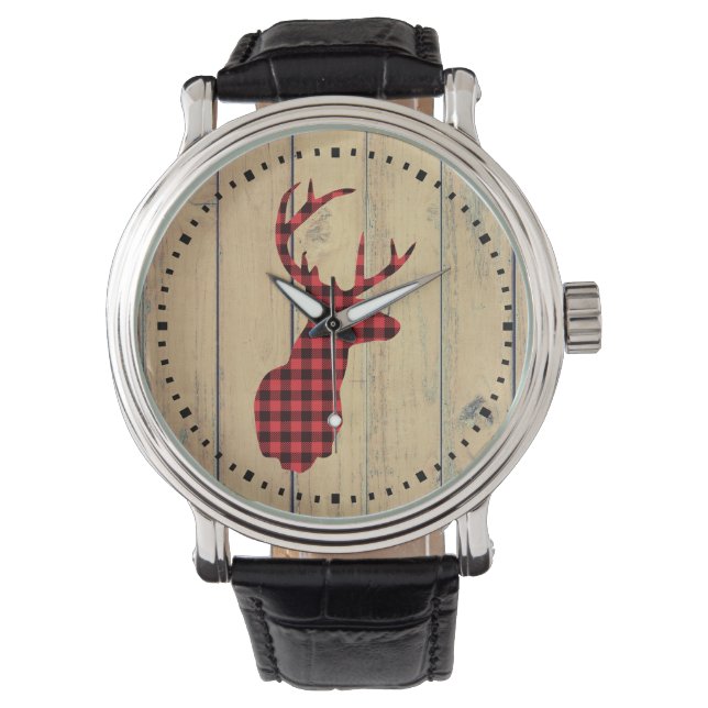 Hirschkopf mit Antlern auf Imitaten Holz Armbanduhr (Vorderseite)