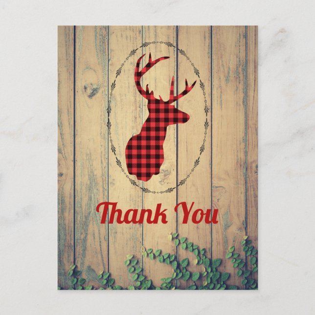 Hirschkopf mit Antlers Red Kariert Rustic Danke Postkarte (Vorderseite)