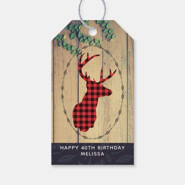Hirschkopf mit Antlers - Roter Karierter Rustikale Geschenkanhänger (Vorderseite)