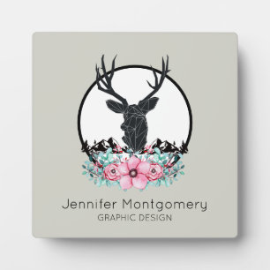 Hirschkopf mit Blume & Gebirge Name & Titel Fotoplatte