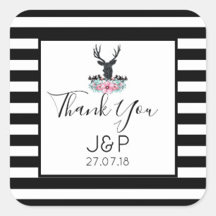 Hirschkopf mit Blume und Bergen Hochzeitsdanken Quadratischer Aufkleber