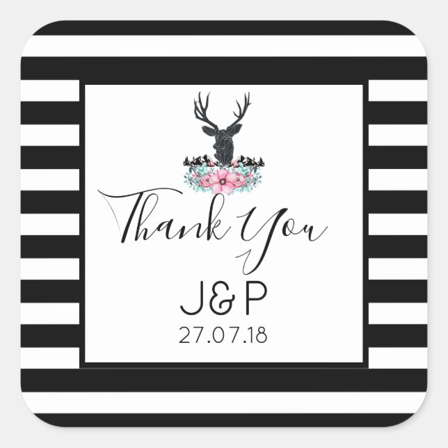 Hirschkopf mit Blume und Bergen Hochzeitsdanken Quadratischer Aufkleber (Vorderseite)