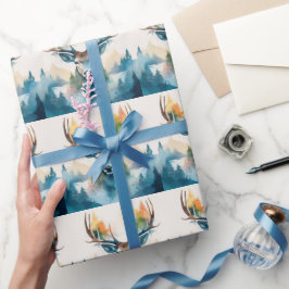 Hirschkopf mit Geweih und Waldbäumen Geschenkpapier