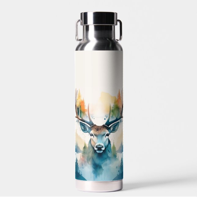 Hirschkopf mit Geweih und Waldbäumen Trinkflasche (Vorne)