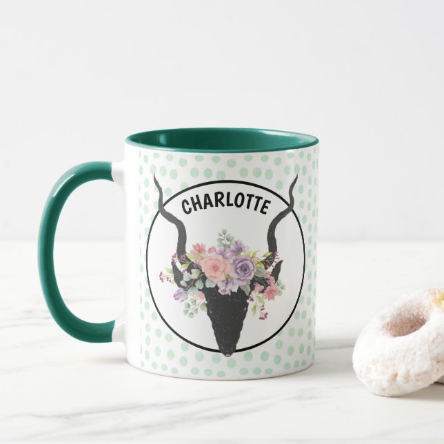Hirschkopf mit personalisierten Rose dekoriert Tasse (Mit Donut)
