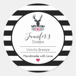 Hirschkopf mit rosa Blume & Gebirge Seife/Kerze Runder Aufkleber