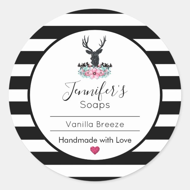 Hirschkopf mit rosa Blume & Gebirge Seife/Kerze Runder Aufkleber (Vorderseite)