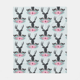 Hirschkopf mit rosa Blume und Gebirgsmuster Fleecedecke