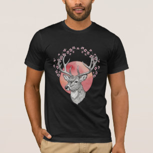 Hirschkopf mit Sakura-Kirschblüten und roter Sonne T-Shirt