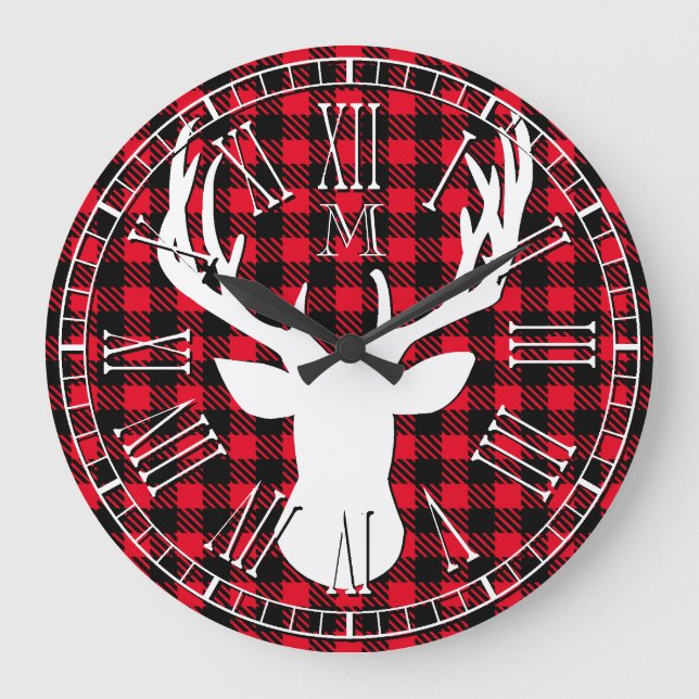 Hirschkopf Monogram Buffalo Kariert Große Wanduhr (Vorderseite)