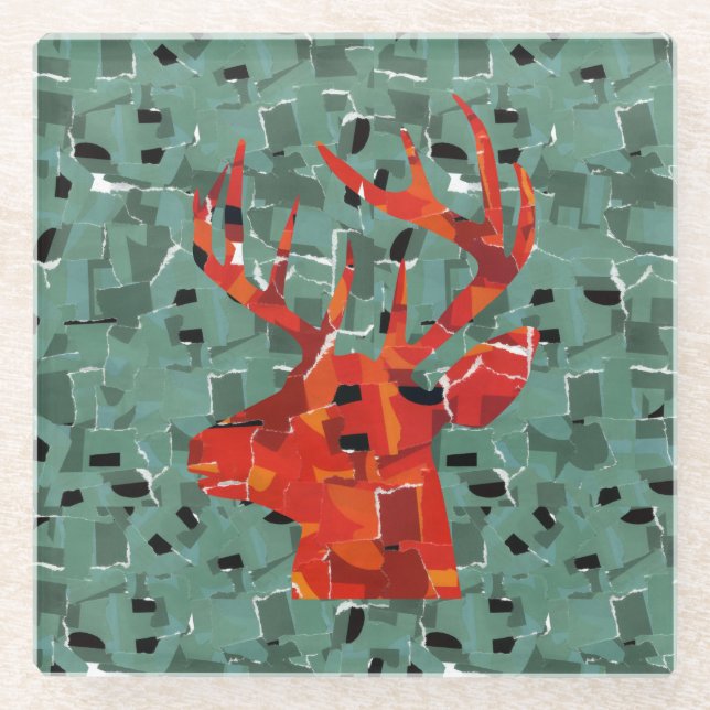 Hirschkopf-Silhouette-Mosaik Glasuntersetzer (Vorderseite)