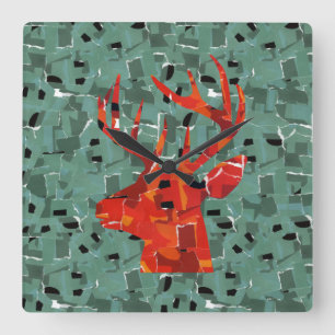Hirschkopf-Silhouette-Mosaik Quadratische Wanduhr