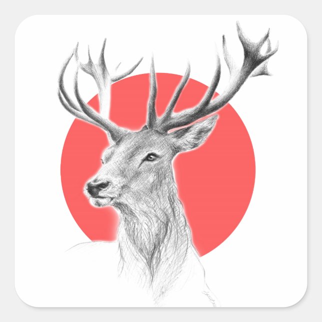 Hirschkopf Stag zeichnend Roter Kreis Tierart Quadratischer Aufkleber (Vorderseite)