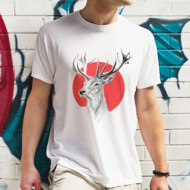 Hirschkopf Stag zeichnend Roter Kreis Tierart T-Shirt (Von Creator hochgeladen)