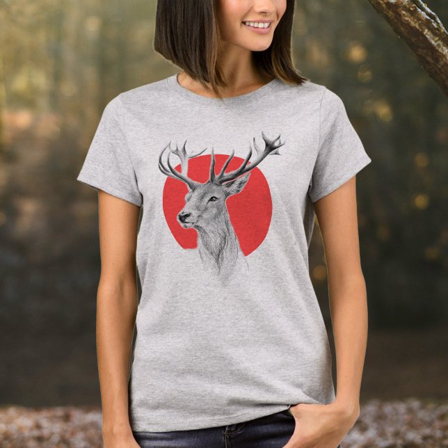 Hirschkopf Stag zeichnend Roter Kreis Tierart T-Shirt (Von Creator hochgeladen)