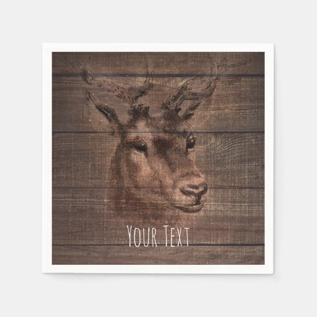 Hirschkopf und dunkle Rustikal-Holz-Hochzeitsfeier Serviette (Vorderseite)