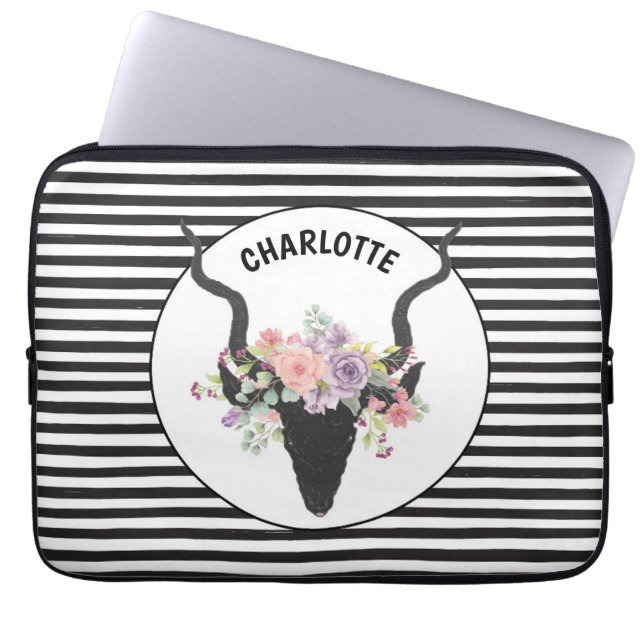 Hirschkopf und Rose personalisiert Laptopschutzhülle (Vorderseite)