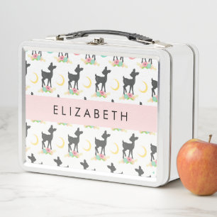Hirschmuster, Baby Deer, Boho, Blume, Ihr Name Metall Brotdose
