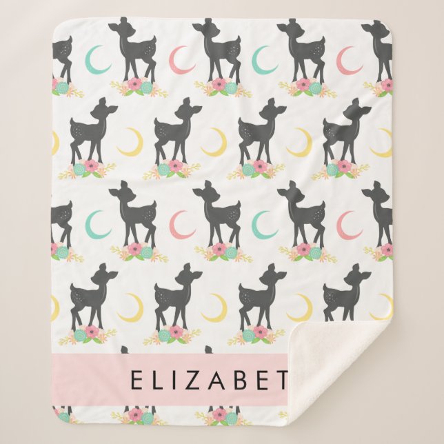 Hirschmuster, Baby Deer, Boho, Blume, Ihr Name Sherpadecke (Vorderseite)