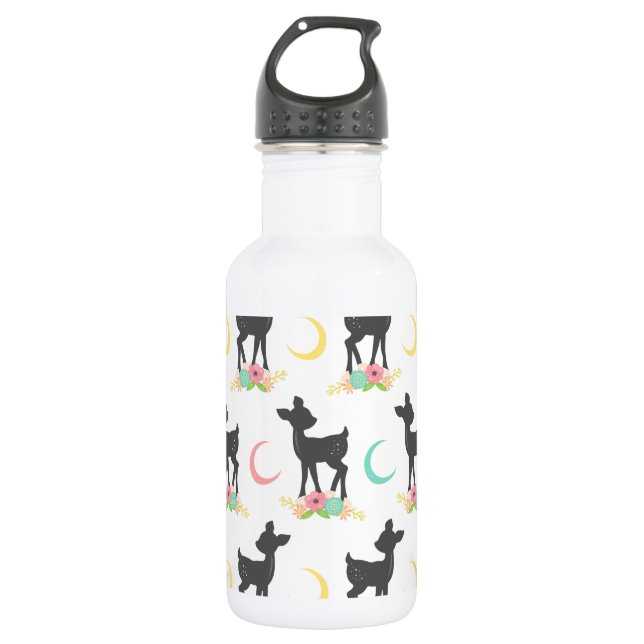 Hirschmuster, Baby Deer, Boho, Blume, Mond Edelstahlflasche (Vorderseite)