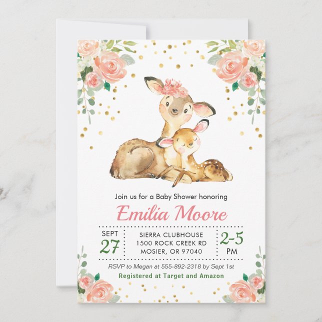 Hirschmütter und Baby Forest Dusche Blumenpfirsich Einladung (Vorderseite)
