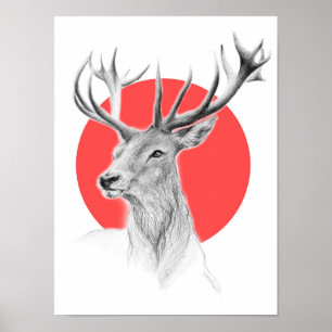 Hirschportrait zeichnend Roter Kreis Tierkunst Poster