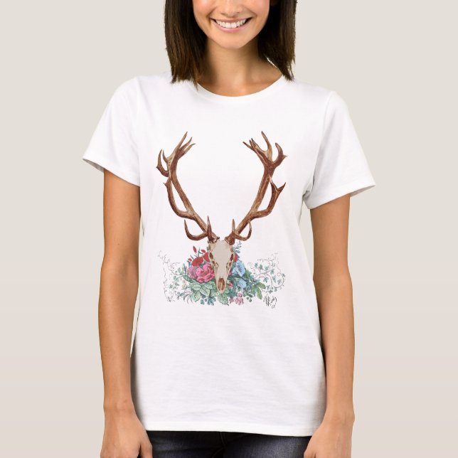Hirschschädel mit Blume 2 T-Shirt (Vorderseite)