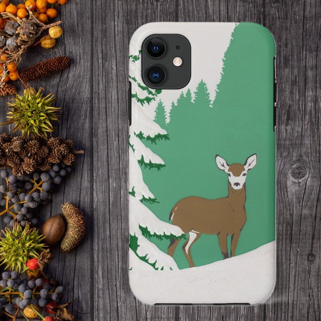 Hirschschschnee Winterlandschaft Pine Tree Case-Mate iPhone Hülle (Brown femail deer white face by pine gree in snow on phone case.)