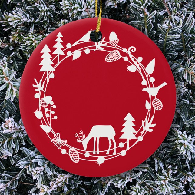 Hirschwald Wreath Keramik Ornament (Scandinavian red and white forest wreath ornament)
