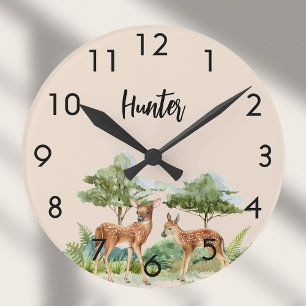 Hirschwaldtiere Beige Kinderzimmer Runde Wanduhr