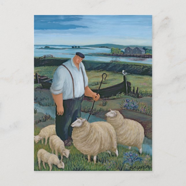 Hirte mit Schafen in der Flusslandschaft Postkarte (Vorderseite)