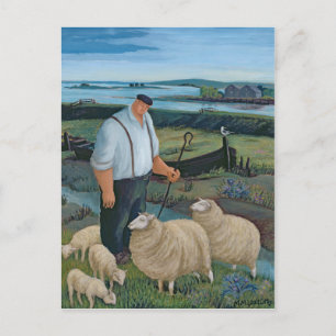 Hirte mit Schafen in der Flusslandschaft Postkarte