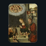Hirten bewundern Jesus von Cranach Magnet<br><div class="desc">"Anbetung des Kindes" aus dem 16. Jahrhundert. Hirten schauen über eine stabile Wand auf einen schlafenden Säugling Jesus. Die Szene der Heiligen Familie,  Esel,  Esel,  Ochse,  Kirschen und winzige Engel.</div>