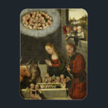 Hirten bewundern Jesus von Cranach Magnet<br><div class="desc">"Anbetung des Kindes" aus dem 16. Jahrhundert. Hirten schauen über eine stabile Wand auf einen schlafenden Säugling Jesus. Die Szene der Heiligen Familie,  Esel,  Esel,  Ochse,  Kirschen und winzige Engel.</div>