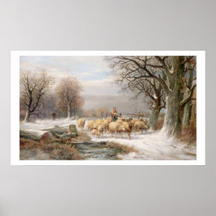 Hirtin mit ihrer Flock in einer Winterlandschaft ( Poster