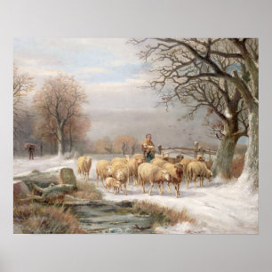 Hirtin mit ihrer Flock in einer Winterlandschaft ( Poster