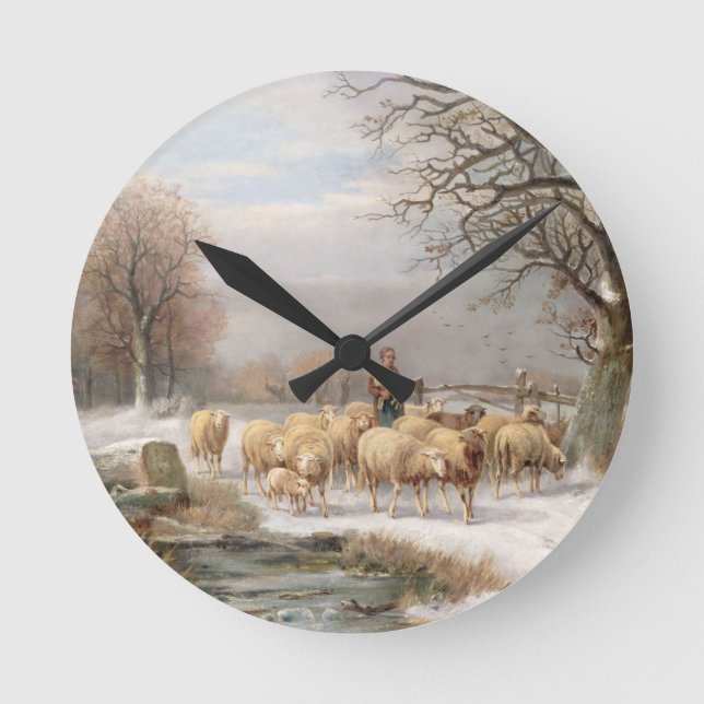 Hirtin mit ihrer Flock in einer Winterlandschaft ( Runde Wanduhr (Vorderseite)