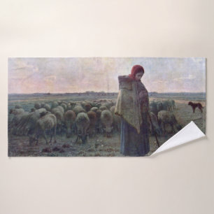Hirtin mit ihrer Flock, Jean-Francois Millet Badehandtuch