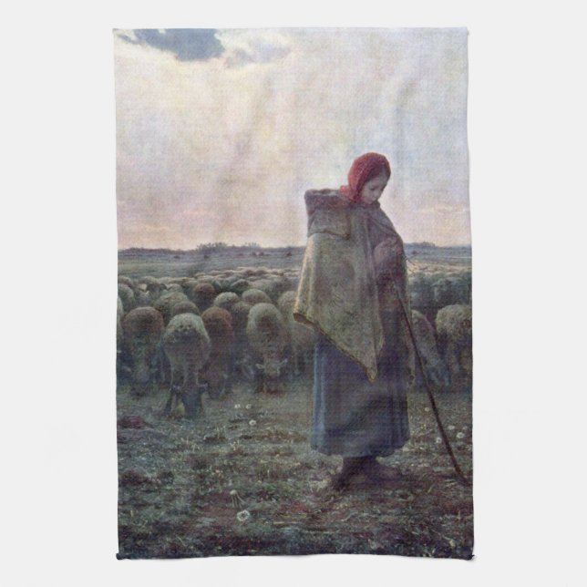 Hirtin mit ihrer Flock, Jean-Francois Millet Geschirrtuch (Vertikal)