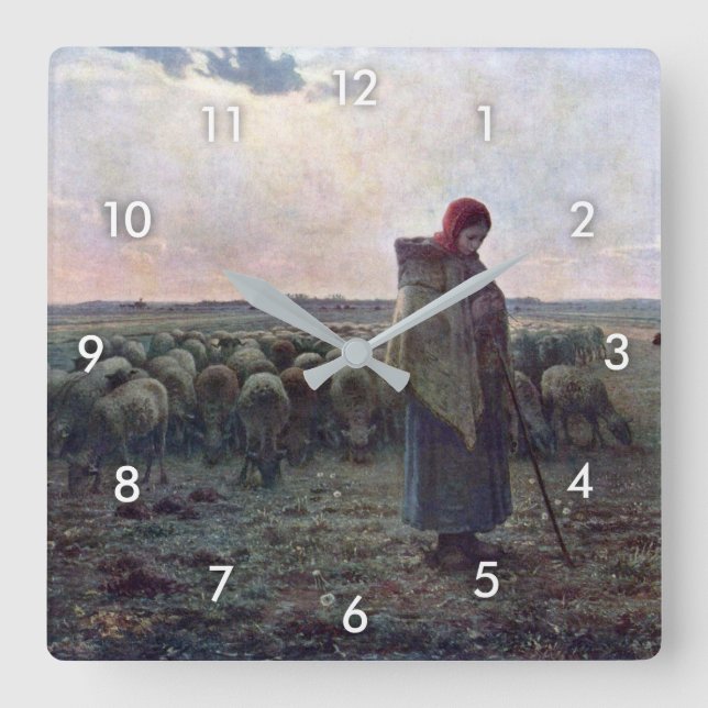 Hirtin mit ihrer Flock, Jean-Francois Millet Quadratische Wanduhr (Vorderseite)