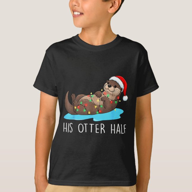 His And Her Otter Half Santa Hat Couple Christmas  T-Shirt (Vorderseite)