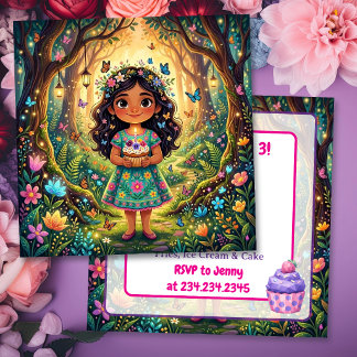Hispanic Girl Butterflies & Cupcake Birthday Party Einladung