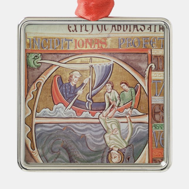 Historiated Initiale "E" Jonas darstellend Silbernes Ornament (Vorne)