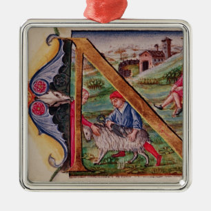 Historiated Initiale "N" Schafe darstellend Silbernes Ornament
