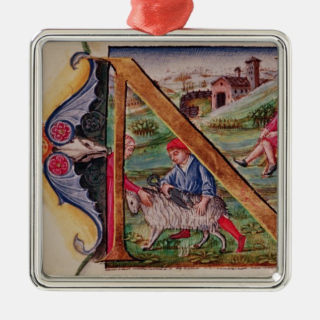 Historiated Initiale "N" Schafe darstellend Silbernes Ornament (Vorne)