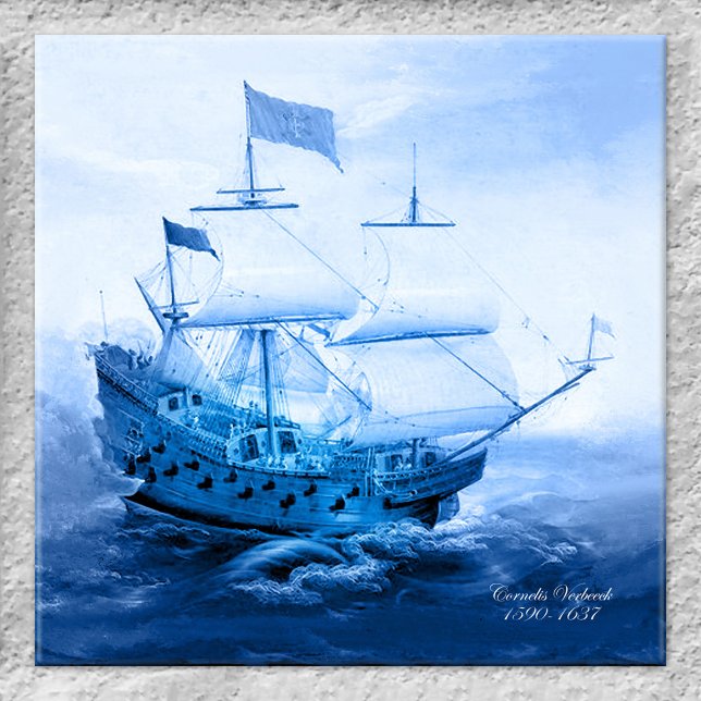 Historisch Dutch Sailboat Delft Blue Tile Fliese (Tile showing a painting by Dutch artist Cornelis Verbeeck of a historic sailboat in Delft blue)